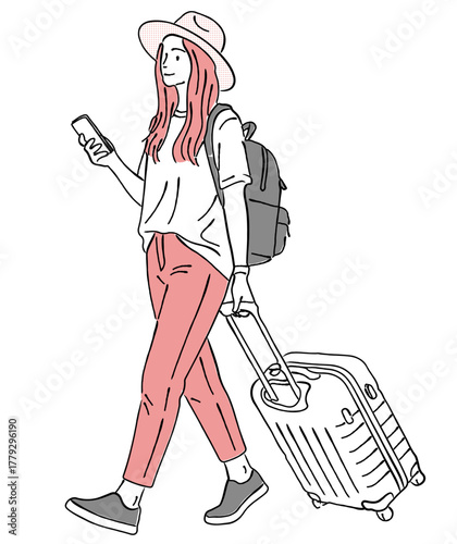 観光でキャリーケース（旅行かばん）を引いて歩く女性のイラスト,トラベラー,スマートフォン,線画,旅行,出張,休暇