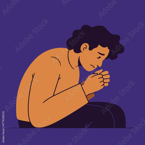 Vector illustration of a person with hands clasped, head bowed, in a pensive pose, against a purple backdrop