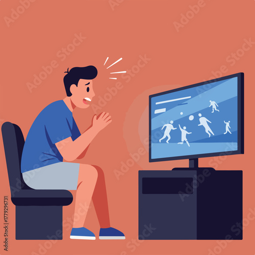 A man watches an excited soccer game on a large TV, seated in a chair, reacting to the play