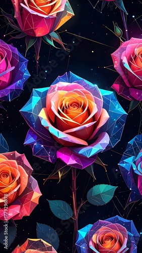 Digitally rendered geometric roses in a vibrant, jewel-toned pattern