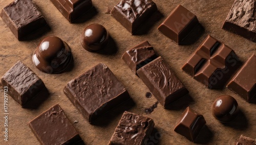 Assorted Dark Chocolate Pieces on Wooden Surface - A Sweet Indulgence.