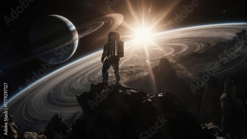 Astronaut Silhouette on Alien Planet with Ringed Planet and Sun.