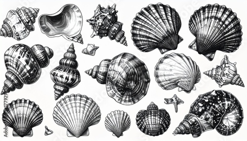 Collection of 24 Black and White Seashell Illustrations Arranged in Grid Format Showcasing Marine Diversity Scientific Art and Editorial Styling for Educational and Decorative Use