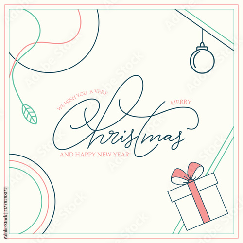 Elegant minimal Christmas and New Year greeting card with line art decorations and gift box. 