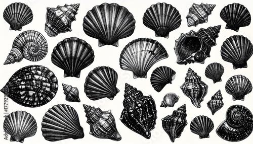 Collection of 24 Black and White Seashell Illustrations Arranged in Grid Format Showcasing Marine Diversity Scientific Art and Editorial Styling for Educational and Decorative Use