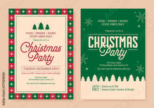 Vintage Christmas party invitation templates with festive elements in red and green colors.