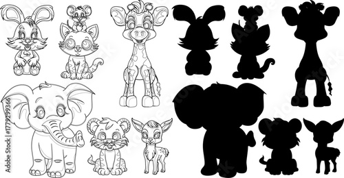 A collection of cute cartoon baby animals shown as detailed line art for coloring and their corresponding black silhouettes.