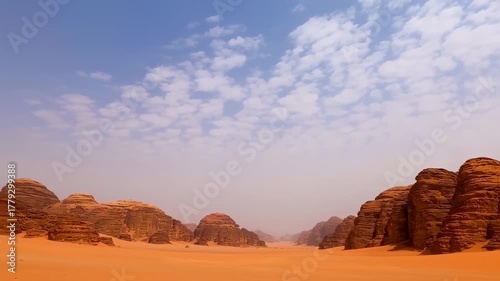 Desert landscape under a hazy sky