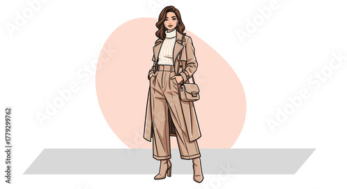 Chic woman confidently showcasing elegant fall fashion ensemble with stylish trench coat and tailored trousers perfect for seasonal style inspiration, Generative AI.