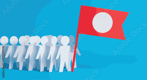 United team confidently follows bold leader holding bright red flag towards future success, Generative AI.