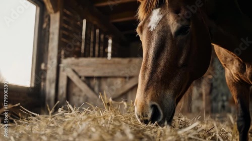A horse eating hay inside a barn, bathed in warm sunlight, with a natural rustic atmosphere. The image showcases the gentle interaction between animal and the rustic environment 