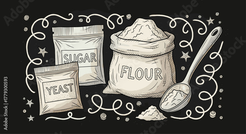Essential baking ingredients flour sugar and yeast artfully arranged with whimsical swirls and stars on a dark background, Generative AI.