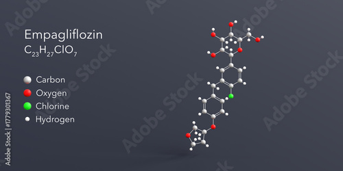 Fototapeta Naklejka Na Ścianę i Meble -  empagliflozin molecule 3d rendering, flat molecular structure with chemical formula and atoms color coding