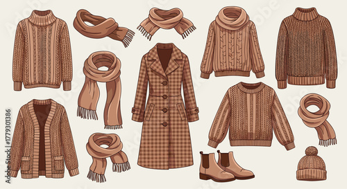 Cozy winter wardrobe essentials featuring stylish knit sweaters warm scarves a chic trench coat and elegant boots for a fashionable seasonal look, Generative AI.