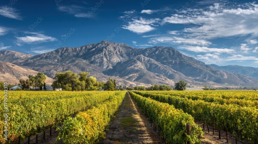 Fototapeta premium Vineyard rows stretch towards a majestic mountain under a blue sky