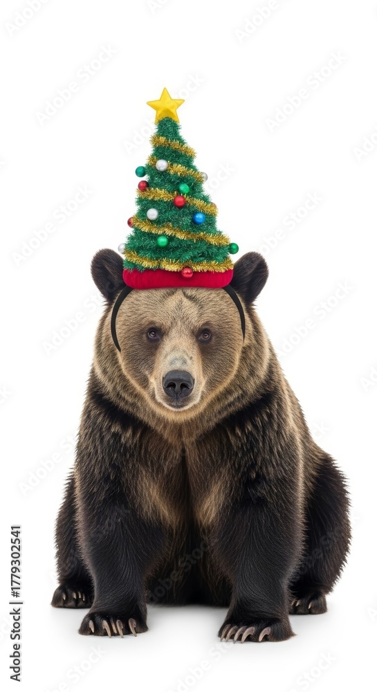 Fototapeta premium bear wearing a Christmas tree hat, holiday animal graphic, on a white background