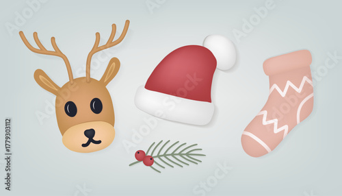 Festive Christmas vector set with cartoon reindeer head, classic Santa Claus red hat, holiday sock, and evergreen branch with berries. Ideal for cards, stickers, product packaging, digital design, web
