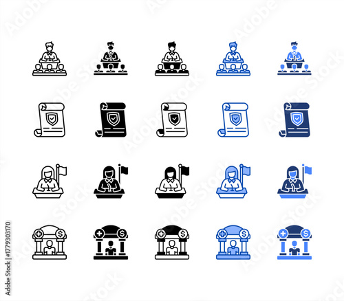 Congress, Resolution, Minister, Welfare multiple style icon set.