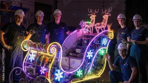 Electric sleigh preparation, team of engineers posing with an electric sleigh.