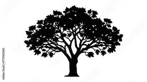 Silhouette of a Mighty Oak: An intricate silhouette of a grand oak tree, showcasing its sprawling branches and verdant foliage against a bright background, representing strength and endurance.