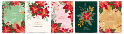 Christmas greeting cards set with hand drawn Poinsettia flowers, fir branches, snowflakes, holly berries. Xmas vector design for holiday poster, banner, cover.