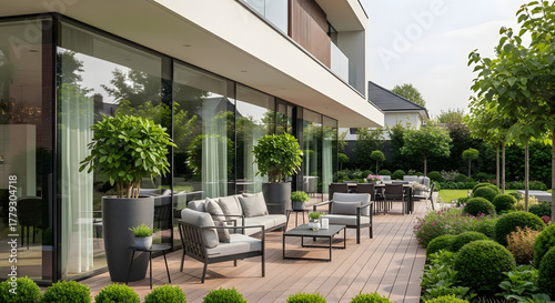 Fototapeta Naklejka Na Ścianę i Meble -  Backyard patio with garden and outdoor furniture