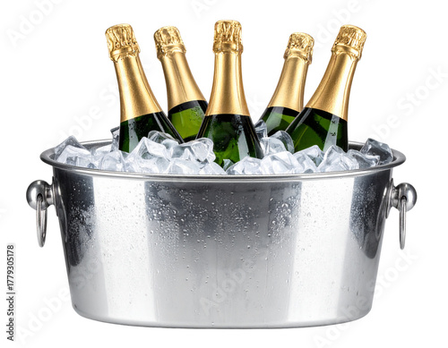 Bottles of Champagne in ice bucket cooler isolated on transparent or white background, png 