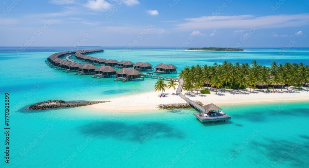 Obraz premium Turquoise waters and overwater bungalows in a tropical paradise