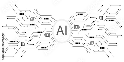 Artificial intelligence icon, sign, logo in the circuit line style. AI processor vector icon flat design. Motherboard digital chip AI. Machine learning design