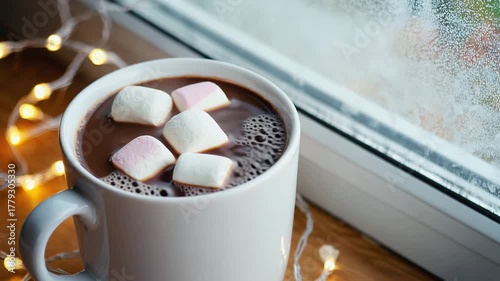 A cozy cup of hot chocolate topped with pastel-colored marshmallows sits on a windowsill next to softly glowing string lights. The window shows a frosty, misted surface, creating a warm and comforting
