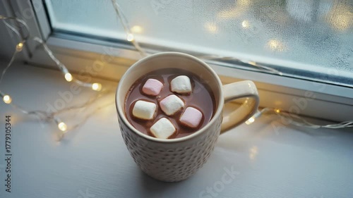 A cozy cup of hot chocolate topped with pastel-colored marshmallows sits on a windowsill next to softly glowing string lights. The window shows a frosty, misted surface, creating a warm and comforting