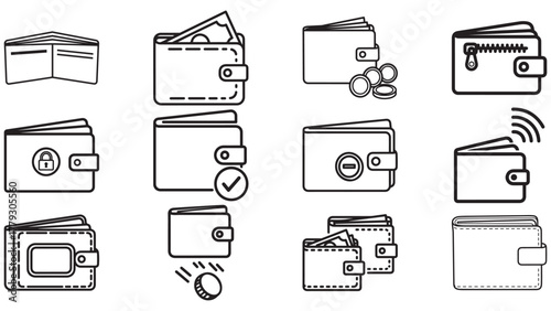 Wallet Icon Variations In Clean Black — Cash, Cards And ID Holders For Budget, Payment And Personal Finance Designs