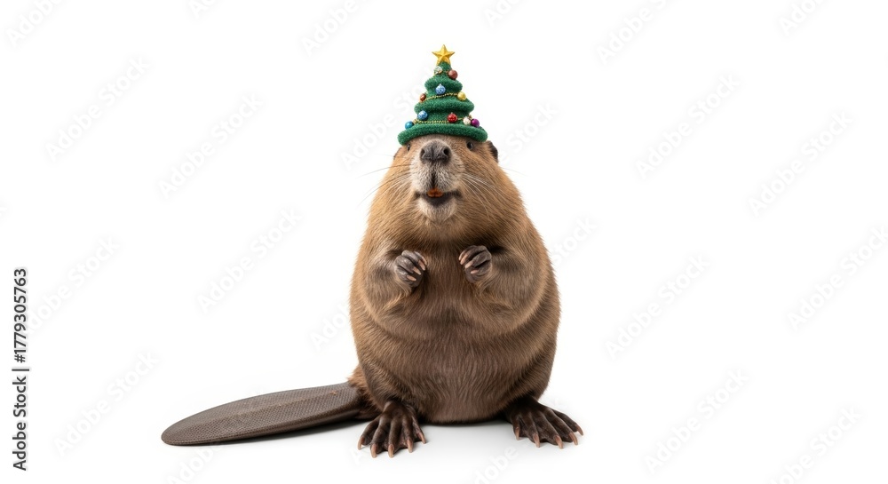Fototapeta premium beaver wearing a Christmas tree hat, holiday animal graphic, on a white background