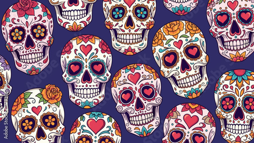 Vibrant Day of the Dead Sugar Skulls Pattern on Blue Background for Mexican Cultural Celebration