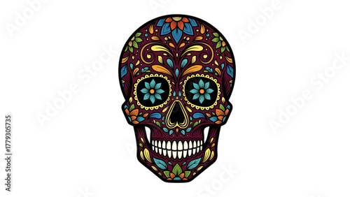 Vibrant Floral Sugar Skull Illustration - Mexican Day of the Dead Calavera Art