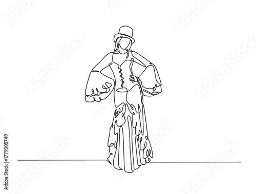 Continuous line art drawing of Woman wearing witch costume for halloween party. Woman wearing witch costume in single line art drawing vector illustration. Halloween concept.