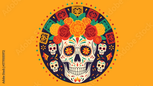 Vibrant Sugar Skull with Floral Crown for Day of the Dead Celebration. Traditional Mexican Calavera Art on Orange Background.