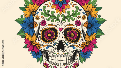 Colorful Floral Sugar Skull Illustration for Day of the Dead Celebration