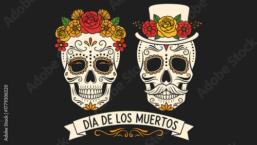 Día de los Muertos Sugar Skulls Couple Illustration. Floral Calaveras with Top Hat on Black Background