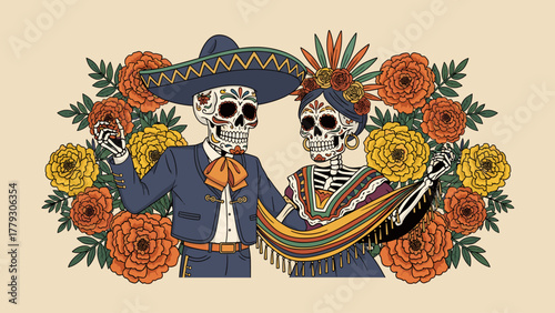 Festive Día de Muertos Skeletons Couple in Traditional Mexican Attire with Marigold Flowers Illustration
