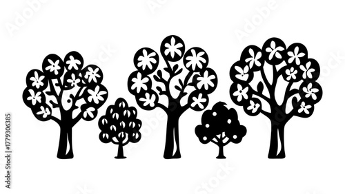 Silhouette Trees in Natural Setting: A picturesque silhouette showcases five stylized trees of varying shapes and sizes against a clear background, creating a minimalist yet evocative scene. 