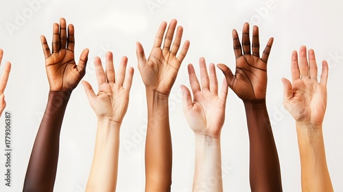 Multiple human hands with diverse skin tones are raised upwards against a light background.