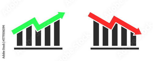 Flat business chart icons with green up arrow and red down arrow, symbol of financial report comparison, profit and loss, isolated on white background.