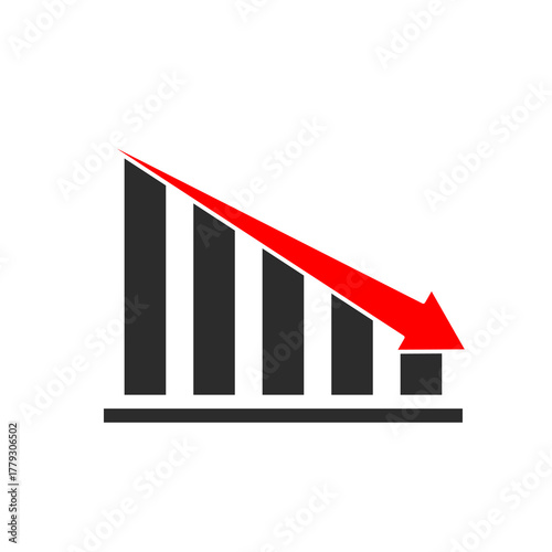 Simple chart icon showing red downward arrow and falling bars, symbol of financial loss, business decline, and negative economic trend, isolated on white background.