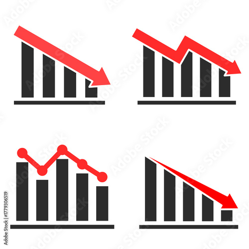 Set of business chart icons with downward red arrows and falling bars, symbol of financial loss, business decline, and negative economic trend, isolated on white background.