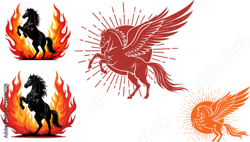 Pixel art fiery horse and pegasus designs on a black background for digital art