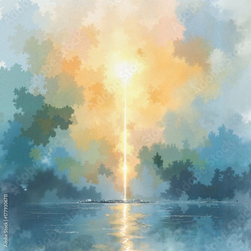 Sunbeam piercing through clear clouds to the ground over a tranquil lake