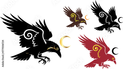 Abstract ravens in flight with golden accents against a stark black background