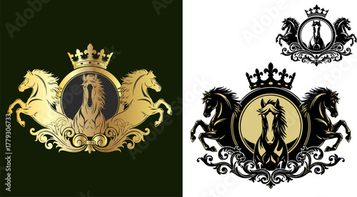 Golden horses crest with crown and floral ornaments in elegant vintage design style