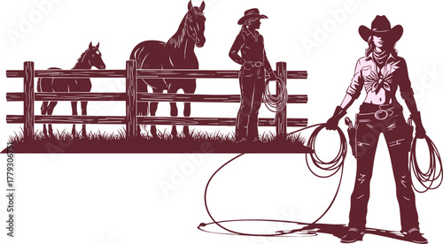 Silhouette of a cowgirl with lasso and horses in a western landscape illustration